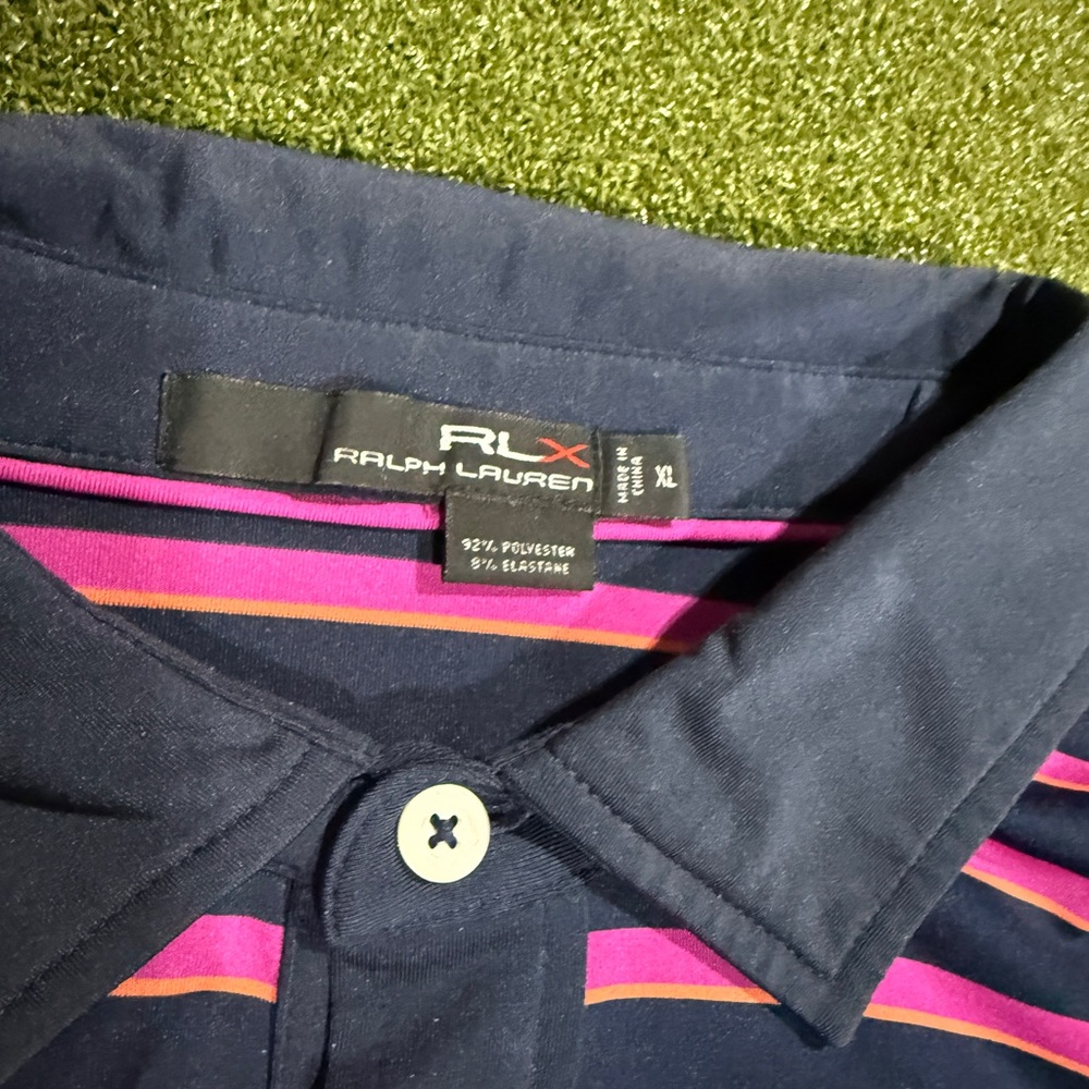 Ralph Lauren RLX Navy and Pink Polo Shirt - Shinnecock Logo